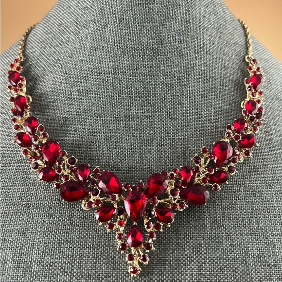 Red Statement Necklace, Necklace Earring Set, Large Crystal Necklace, Rhinestone - Picture 4 of 4